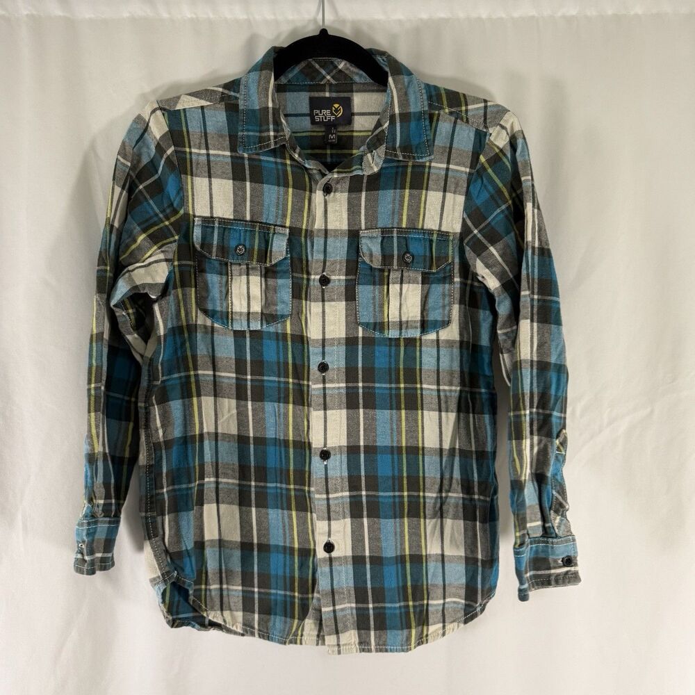 Pure Stuff Flannel Shirt Boys Medium 10/12 Blue Plaid Button Down Long Sleeve